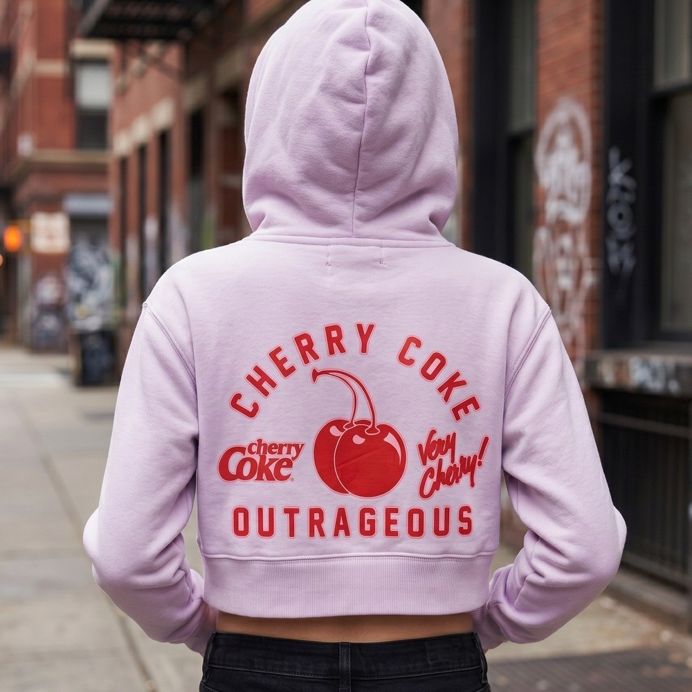 Coca-Cola Cherry Coke Hoodie Women Medium Pink Zip Up Cropped Fleece Sweatshirt - Picture 1 of 10